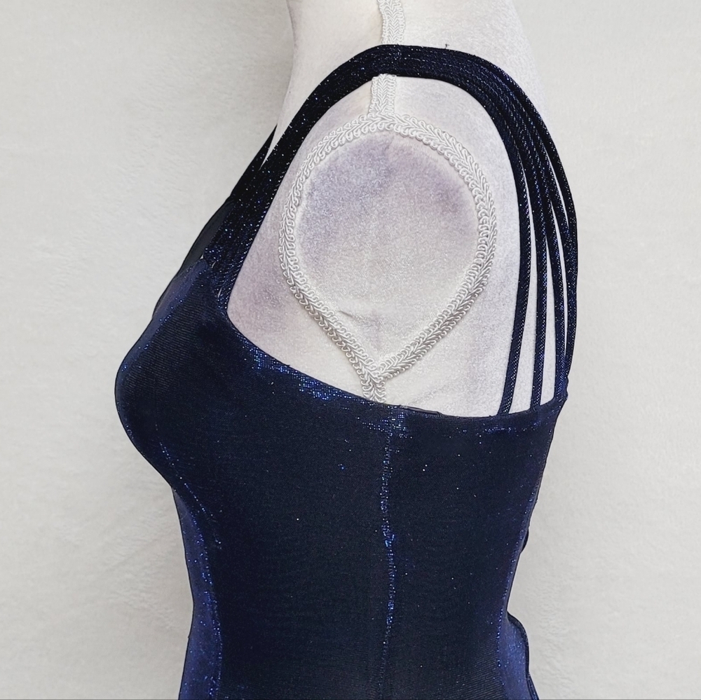 Vintage 90s All That Jazz Blue Metallic Mesh Strappy Fit & Flare Mini Dress - Picture 8 of 13
